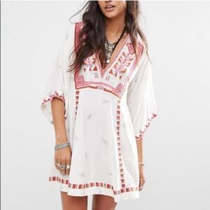 Free People Tulum 3/4 Bell Sleeve Embroidered Boho Tunic Mini Dress S